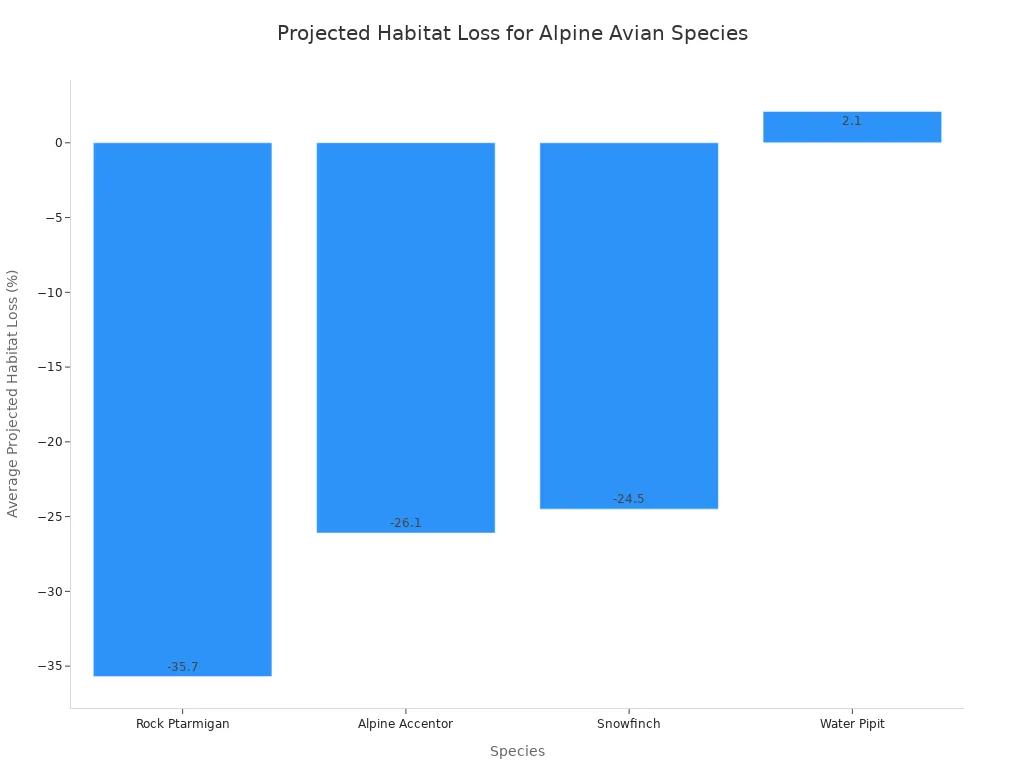 A bar chart illustrating the average projected habitat loss for various alpine avian species, showing negative percentages for loss and positive for gain.