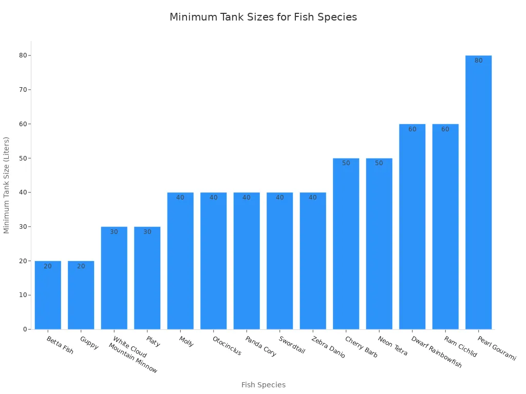 A bar chart showing the minimum tank sizes in liters for various beginner tropical fish species, ordered from smallest to largest tank requirement.
